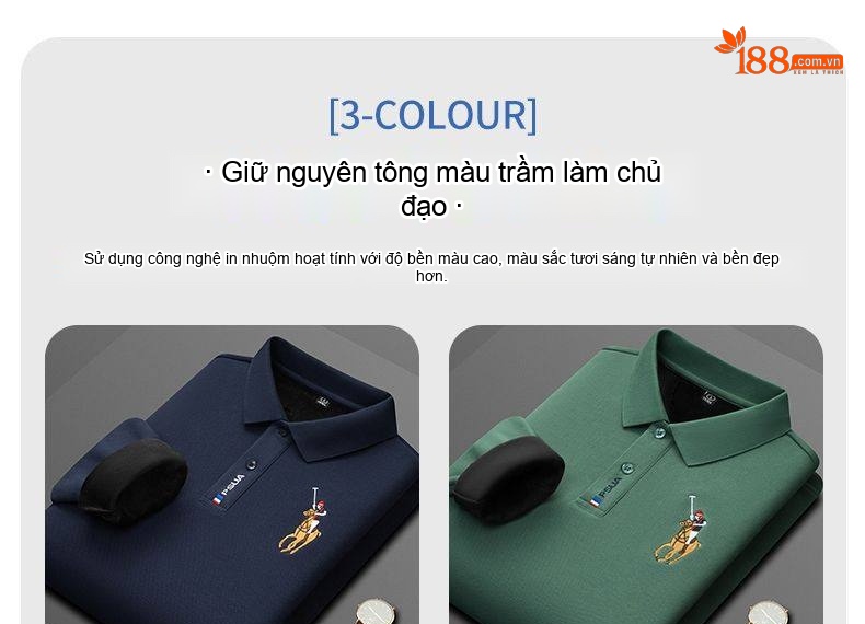 Áo Polo Nam Tay Dài Cotton Lót Lông Cừu Màu Xanh Dương, Xanh Navy, Kem, Xanh Lá chi tiết 10