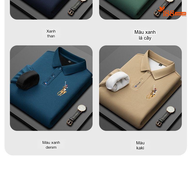 Áo Polo Nam Tay Dài Cotton Lót Lông Cừu Màu Xanh Dương, Xanh Navy, Kem, Xanh Lá chi tiết 11