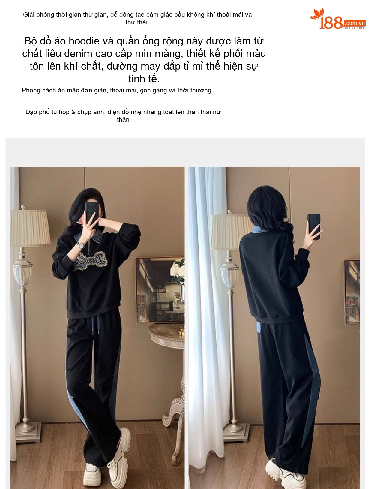 Bộ Đồ Nữ Áo Hoodie Tay Dài Quần Ống Rộng Phong Cách Casual Màu Đen chi tiết 2