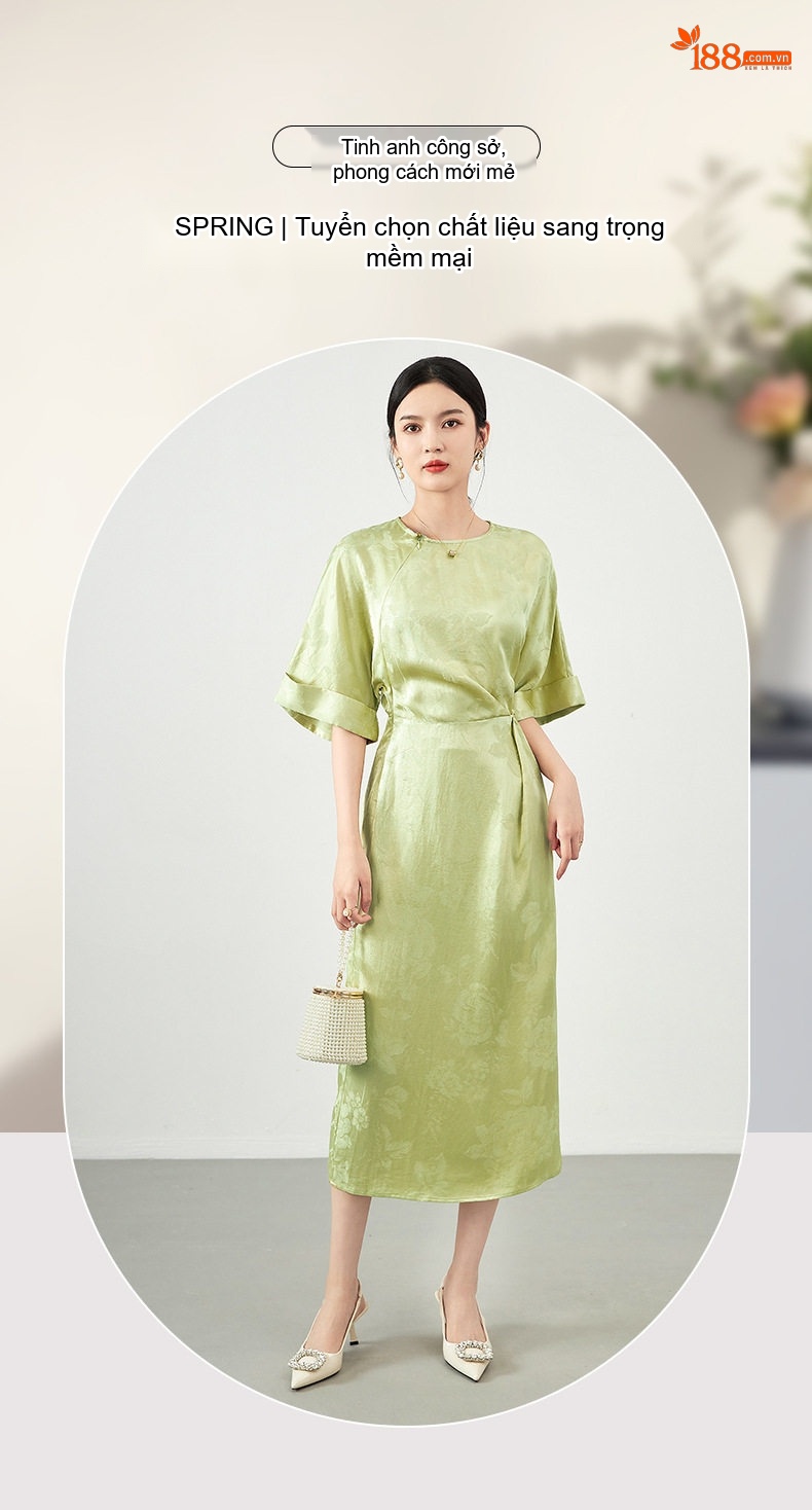 Váy Dáng Dài Nữ Lụa Gấm Thượng Hải Cách Tân Tay Lỡ Chiết Eo Màu Xanh Lá Cây Nhạt, Xanh Dương, Trắng Ngà chi tiết 1