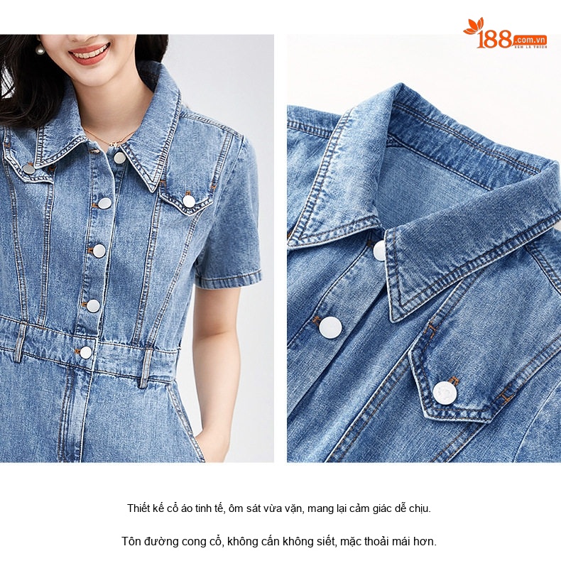 Váy Đầm Jean Nữ dáng chữ A Cổ Bẻ Tay Ngắn Phong Cách Thời Trang Trẻ Trung Màu Xanh Denim chi tiết 7