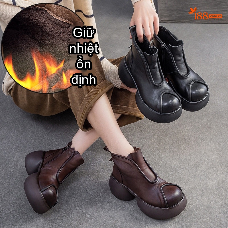 Boot Nữ Da Bò Lót Lông Cao Cấp Chiều Cao Đế Khoảng 6cm Màu Đen, Nâu