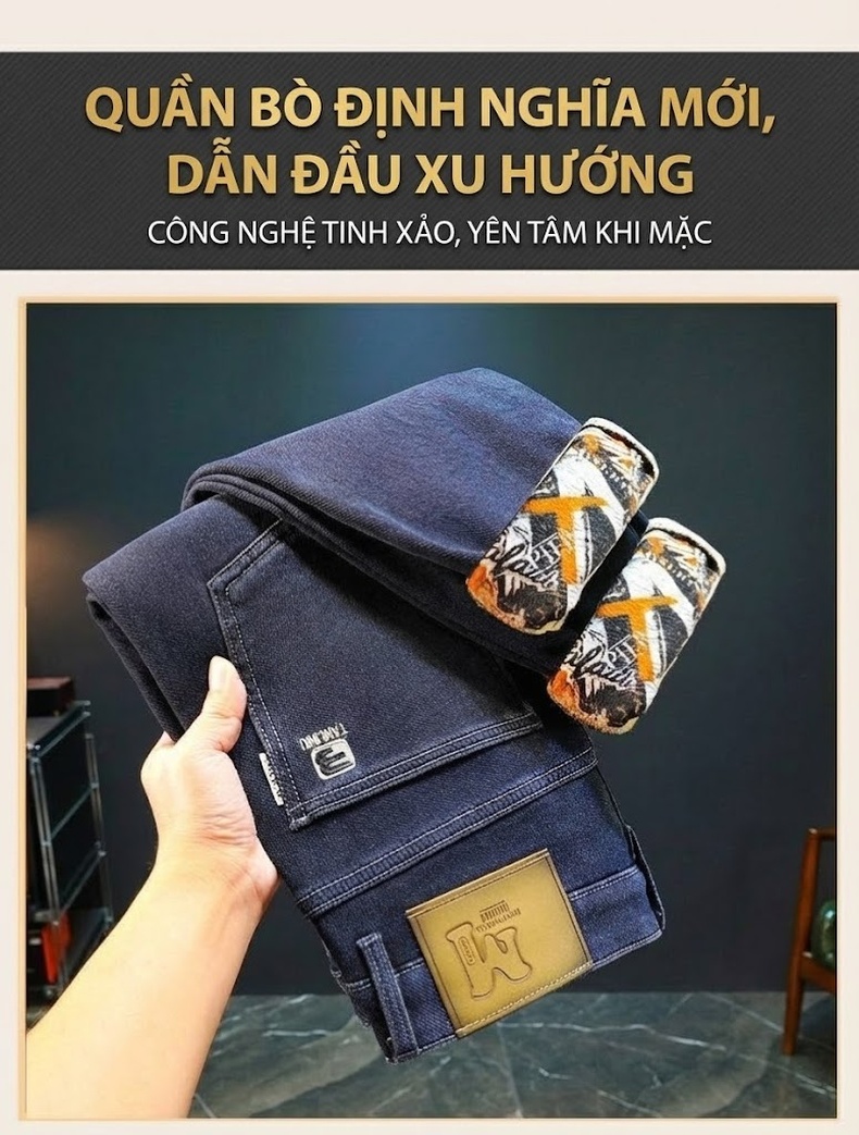 Quần Jean Nam Ống Đứng Co Giãn Thoải Mái Lót Lông Màu Đen, Xanh Đậm chi tiết 10