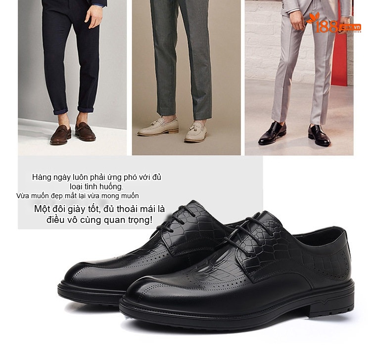 Giày Tây Buộc Dây Nam Da Bò, Kiểu dáng Brogue, Chiều Cao Đế Khoảng 3cm Màu Nâu, Đen chi tiết 6