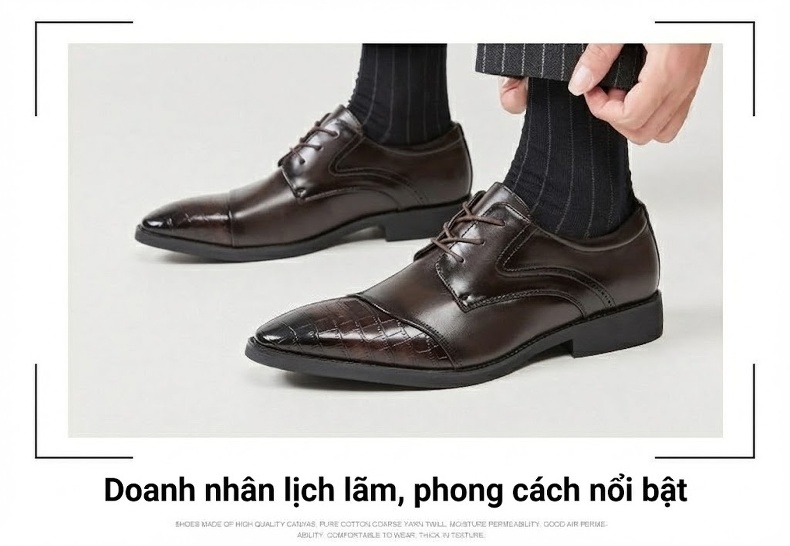 Giày Tây Buộc Dây Nam Da Bóng Mũi Nhọn Chiều Cao Đế Khoảng 3cm Màu Đen, Nâu chi tiết 11
