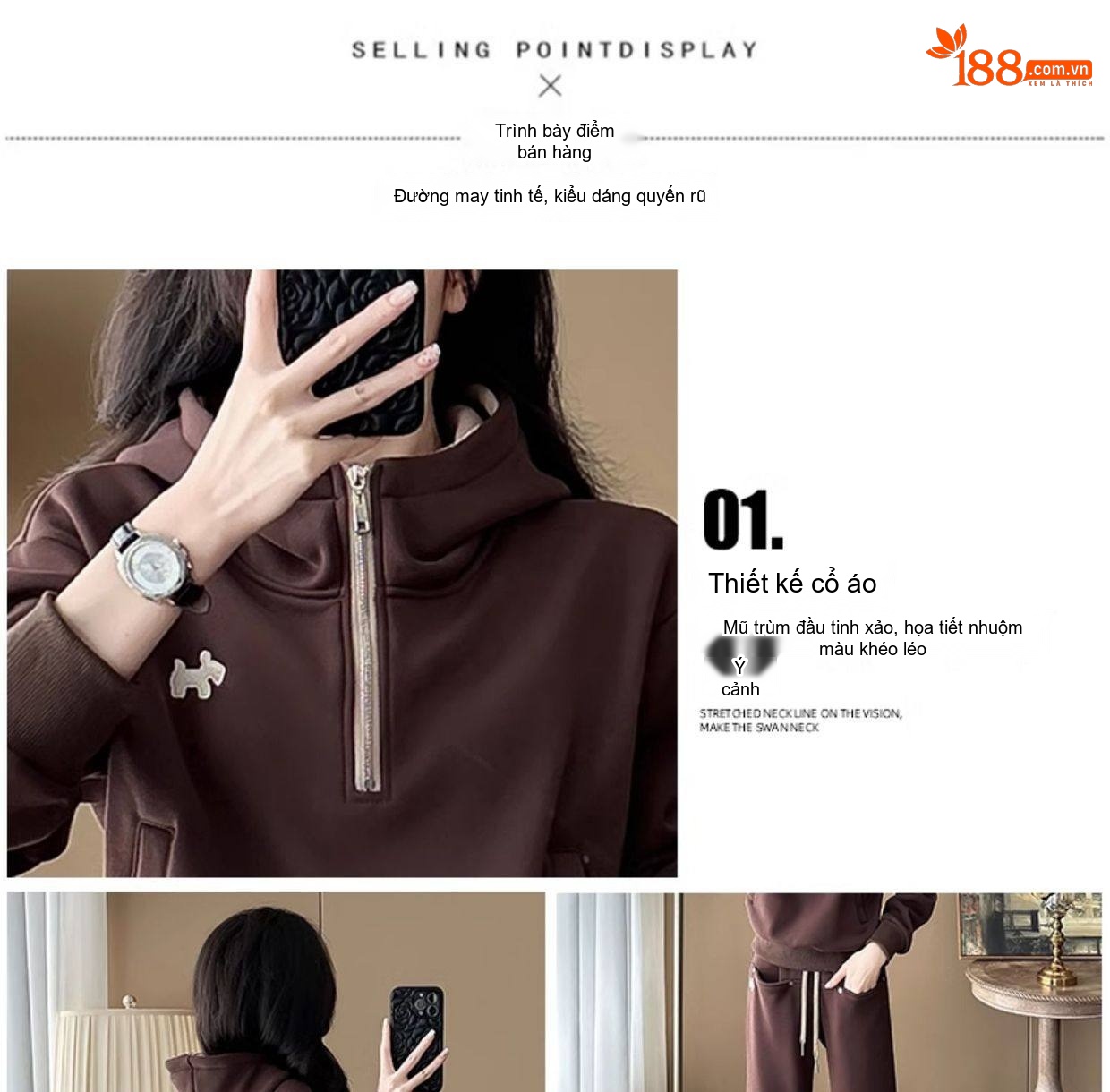 Bộ Đồ Thu Đông Nữ Áo Hoodie Quần Ống Rộng Phong Cách Hàn Quốc Màu Nâu, Be chi tiết 3