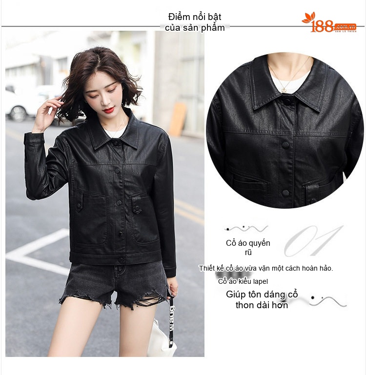 Áo Khoác Da Thật Nữ Kiểu Bomber Ngắn Màu Đen, Nâu chi tiết 7