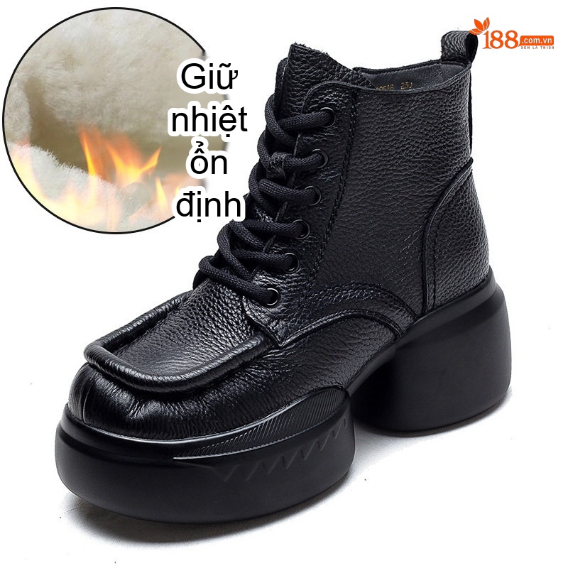 Boot Martin Nữ Dây Buộc Da Mờ Giữ Ấm Mùa Đông Chiều Cao Đế Khoảng 5cm Màu Đen, Nâu