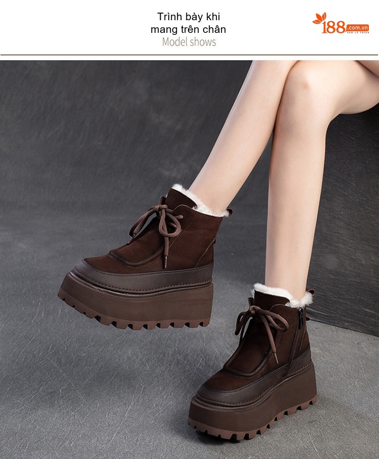 Boot Nữ Da Mờ Lông Cừu Non Mùa Đông Ấm Áp Chiều Cao Đế Khoảng 6cm Màu Nâu chi tiết 7