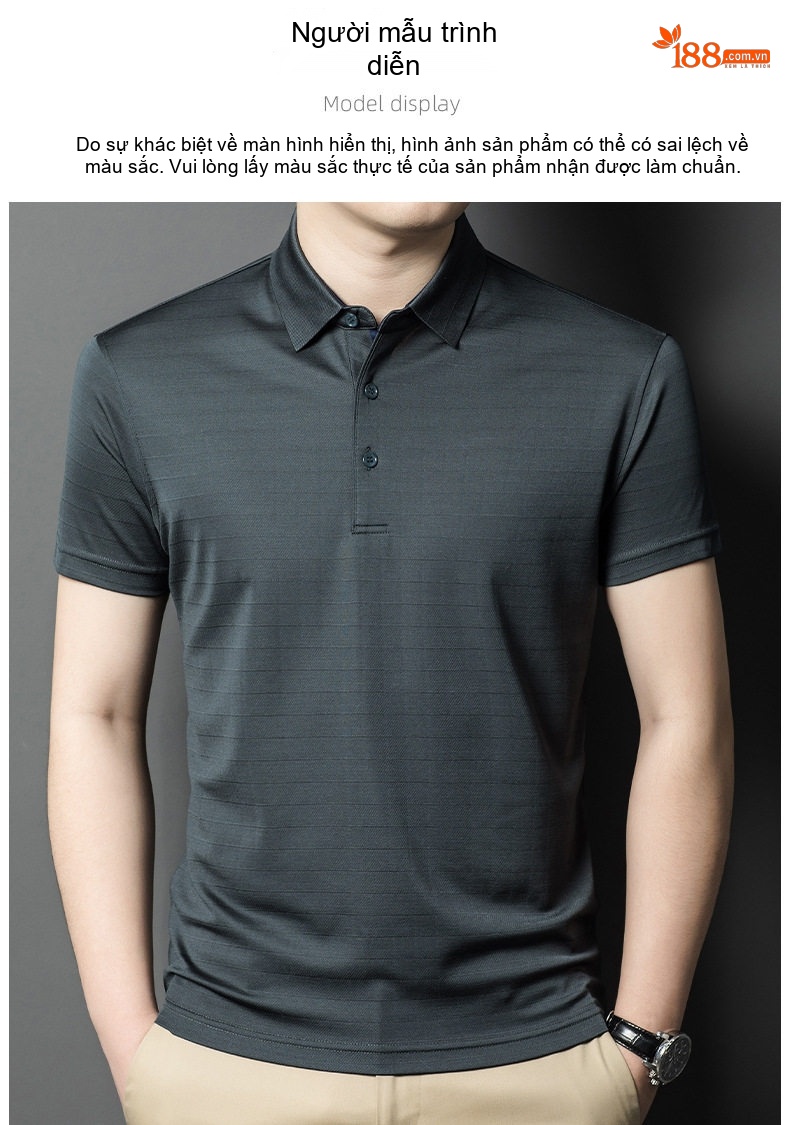 Áo Polo Nam Tay Ngắn 100% Tơ Tằm Mát Lạnh Cổ Bẻ Màu Xám, Xanh Navy, Tím chi tiết 15
