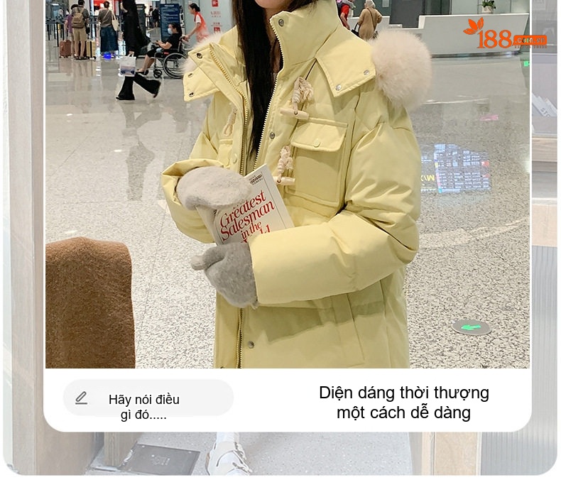 Áo Khoác Phao Nữ Dáng Dài Vừa Vặn Cúc Sừng Lót Lông Giả Màu Đen, Hồng, Vàng... chi tiết 4