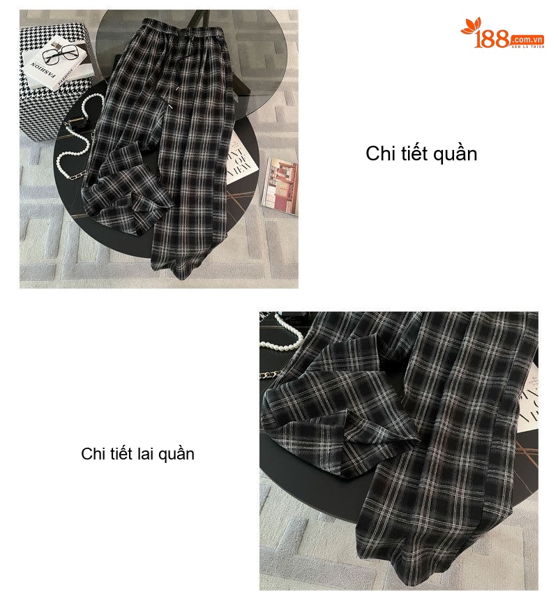 Set Bộ Áo Khoác Lửng Nữ Quần Ống Rộng Caro Phong Cách Trẻ Trung Màu Đen, Xám chi tiết 7