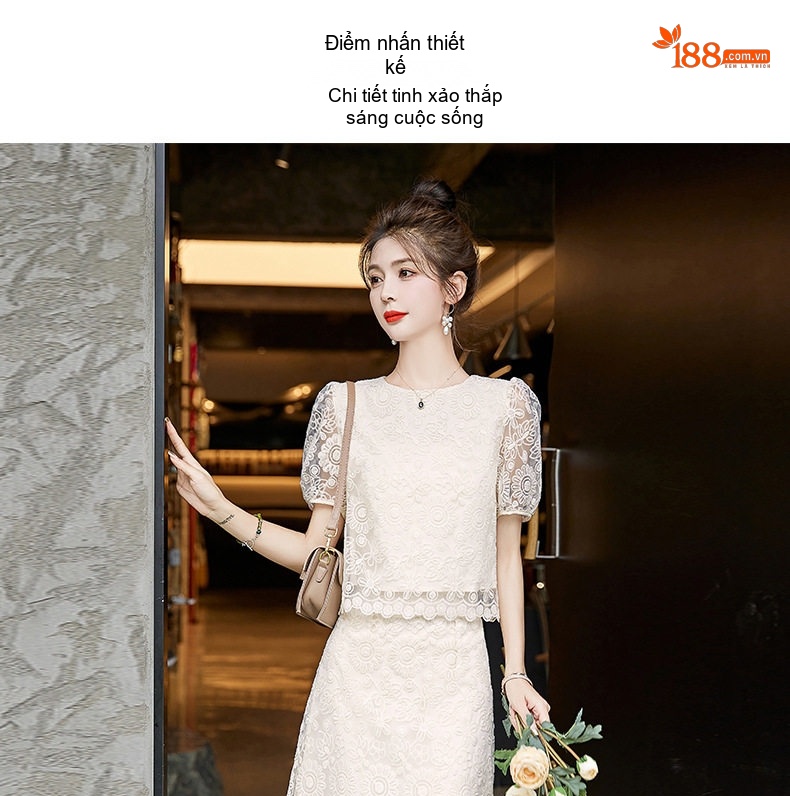 Set Áo Croptop Tay Ngắn và Chân Váy Dài Ren Cao Cấp Màu Hồng, Đen, Trắng chi tiết 6