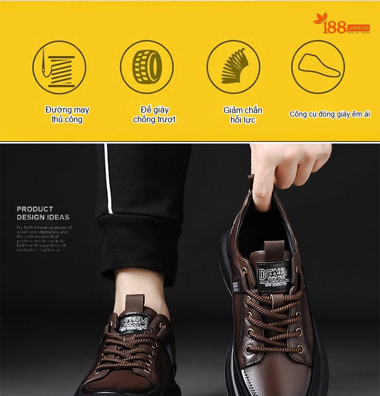 Giày Thể Thao Nam Da Bò Kiểu Dáng Casual Chiều Cao Đế Khoảng 4cm Màu Nâu, Đen chi tiết 16