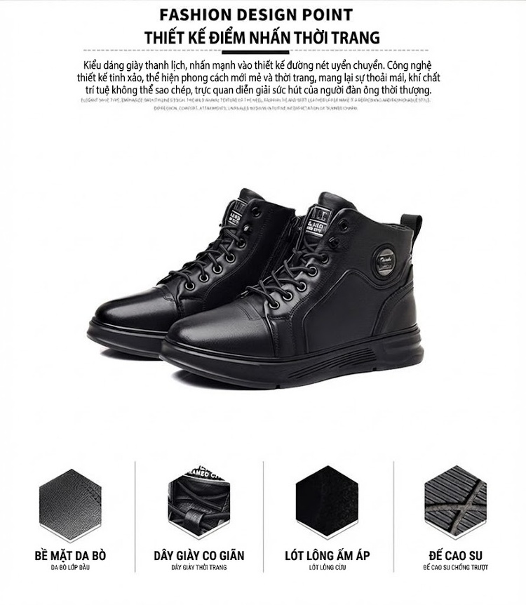 Giày Boot Nam Cao Cổ Da Thật Lót Lông Chiều Cao Đế Khoảng 3cm Màu Đen chi tiết 2