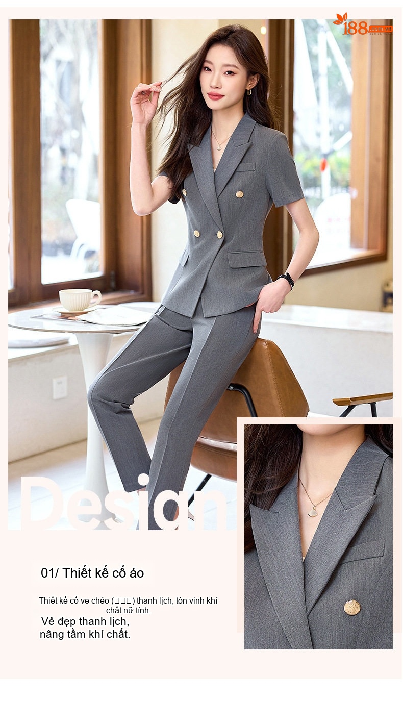 Bộ Vest Công Sở Nữ Tay Ngắn Màu Xám, Đen, Xanh Than (Kèm Quần/Chân Váy) chi tiết 8