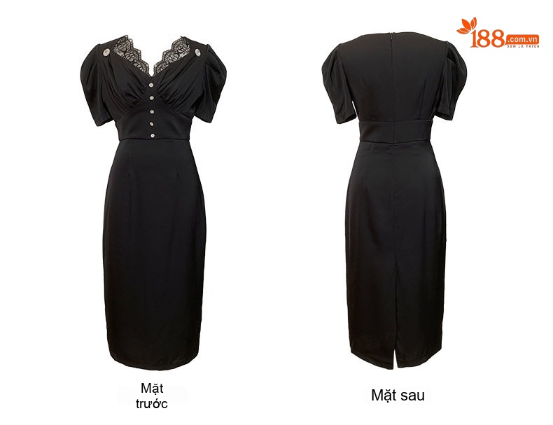 Đầm Ôm Body Cổ chữ V Ren Tay Ngắn Phong Cách Hepburn Màu Đen, Xanh chi tiết 8