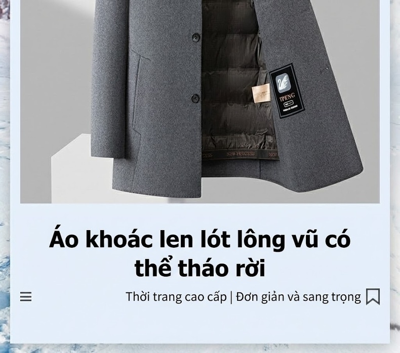 Áo Khoác Dạ Nam Lông Chồn Cổ Trụ Lót Lông Vũ Dáng Dài Vải Lông Cừu Hai Mặt Màu Xám, Đen chi tiết 2