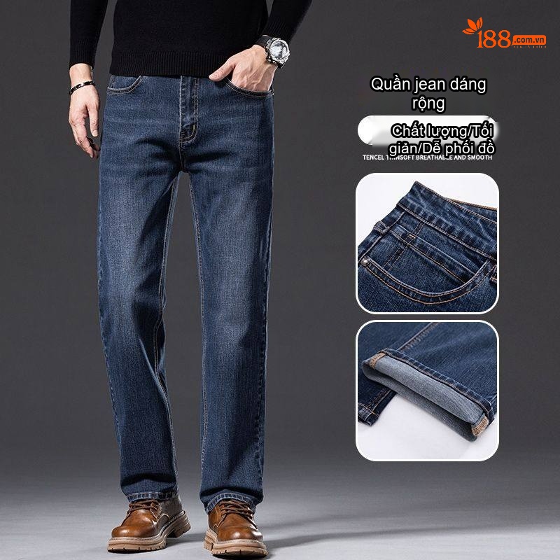 Quần Jean Nam Ống Đứng Cotton Dáng Rộng Co Giãn Thoải Mái Màu Xanh, Đen
