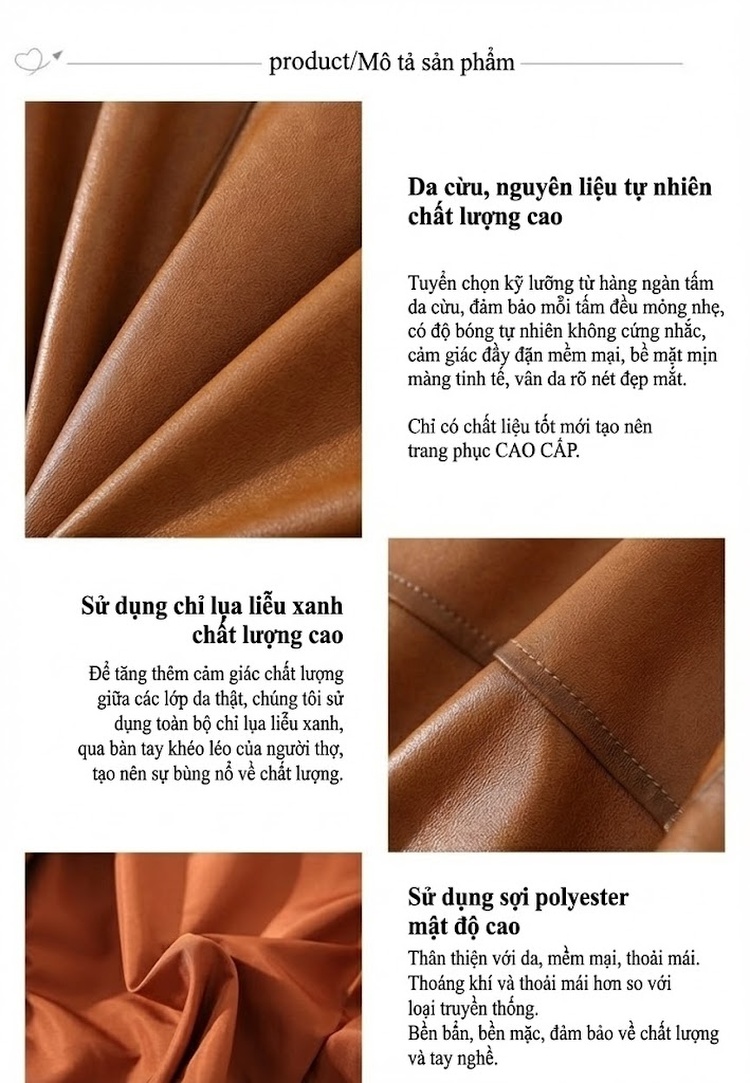 Áo Khoác Da Cừu Nữ Dáng Ngắn Cổ Điển Thu Đông Màu Nâu, Đen, Đỏ chi tiết 2