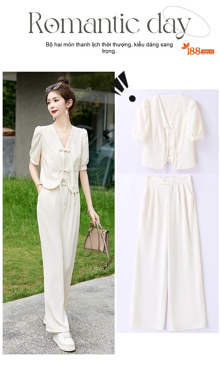 Set Bộ Quần Áo Nữ Phong Cách Trung Hoa Cổ Điển Thiết Kế Tiểu Thư Quần Ống Rộng Khuy Cài Màu Trắng, Hồng chi tiết 5