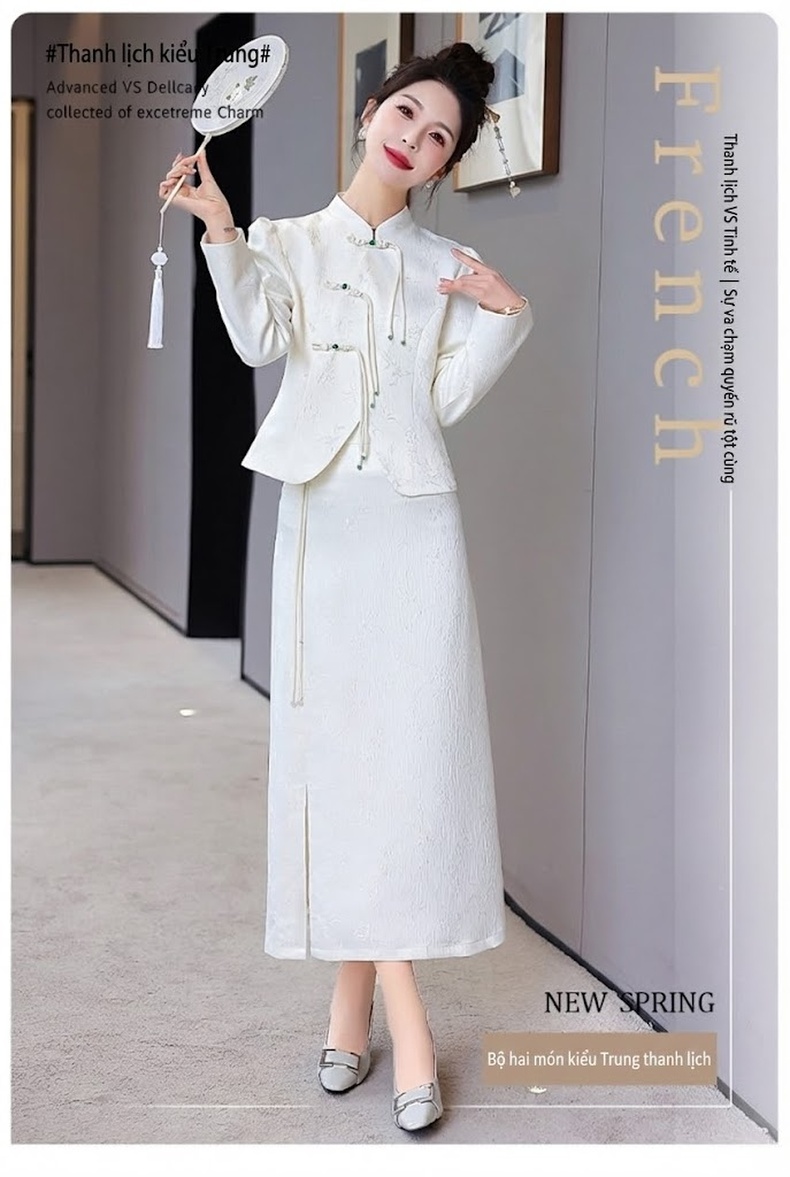 Set Áo Khoác Hán Phục Tay Dài Cổ Tàu Khuy Nút Tinh Tế Và Chân Váy Dài Thanh Lịch Màu Đen, Hồng, Trắng chi tiết 1
