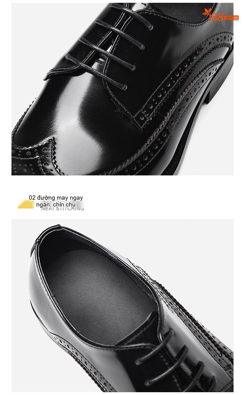 Giày Tây Buộc Dây Nam Da Bò Brogue Chiều Cao Đế Khoảng 3cm Màu Đen, Xanh chi tiết 18