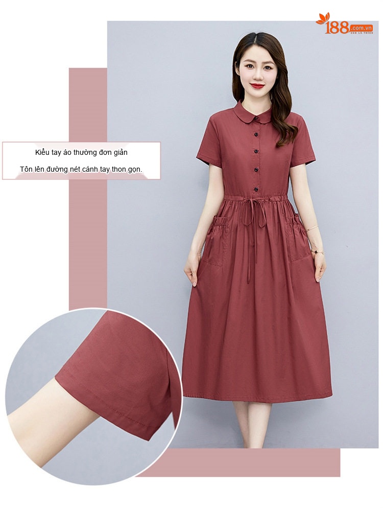 Váy Polo Nữ dáng chữ A Chiết Eo Thanh Lịch Màu Đỏ, Nâu, Xanh Navy, Xanh Lá chi tiết 6