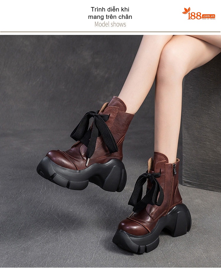 Boot Nữ Da Bò Cổ Cao Thắt Dây Phong Cách Âu Mỹ Chiều Cao Đế Khoảng 6cm Màu Đen, Nâu chi tiết 7