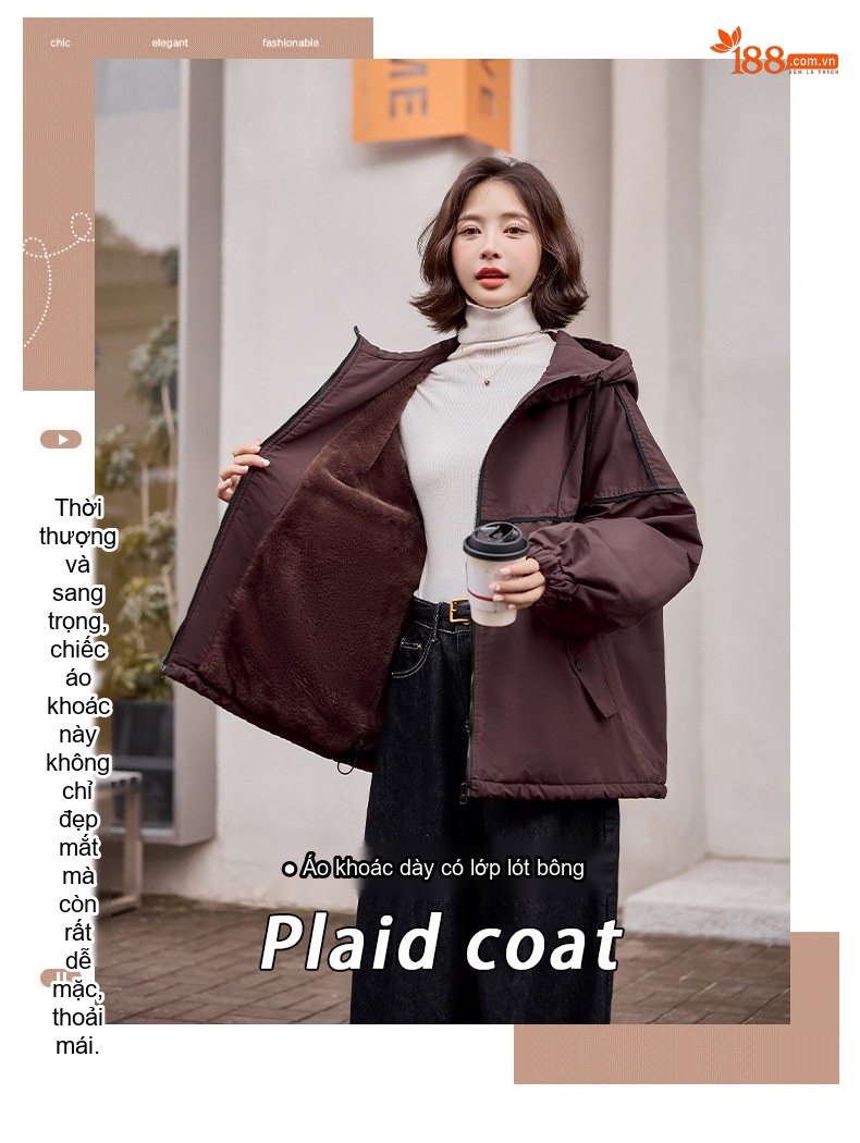Áo Khoác Parka Nữ Lót Lông Dày Dặn Dáng Dài Màu Nâu chi tiết 4