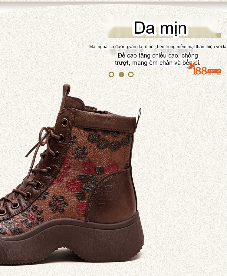 Giày Boot Nữ Cổ Cao Buộc Dây Họa Tiết Phong Cách Vintage Chiều Cao Đế Khoảng 4cm Màu Đen, Nâu chi tiết 4