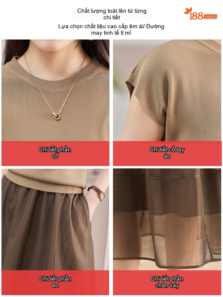 Set Bộ Áo Thun Cộc Tay Và Chân Váy Voan dáng chữ A Thanh Lịch Màu Nâu, Đen