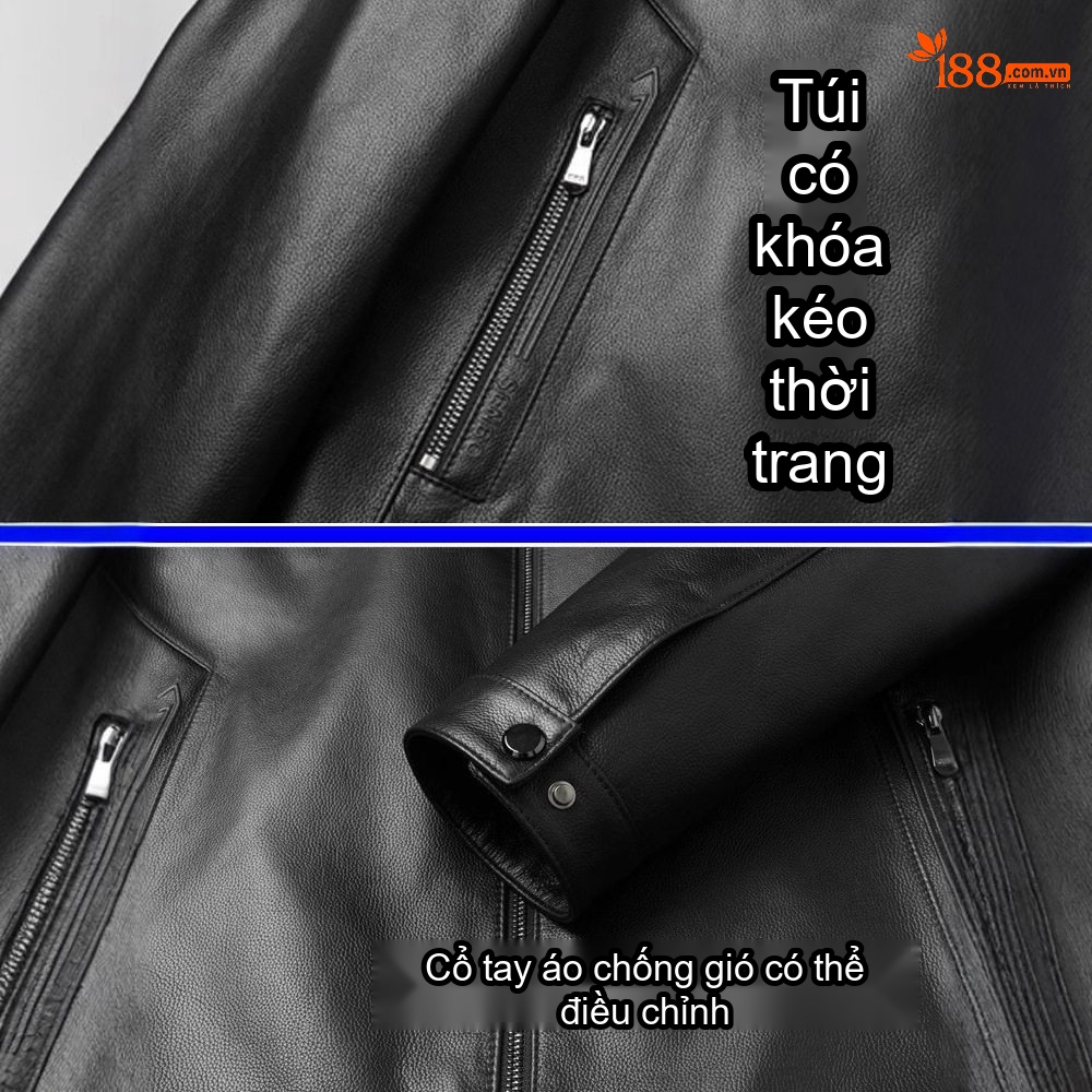 Áo Khoác Da Nam Da Cừu Trung Niên Cao Cấp Có Túi Khóa Kéo Màu Đen