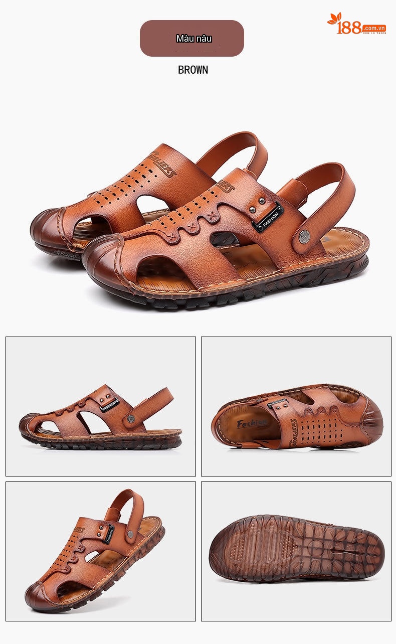 Dép Sandal Nam Da Bò Bít Mũi Thoáng Khí Chiều Cao Đế Khoảng 2cm Màu Nâu, Đen chi tiết 15