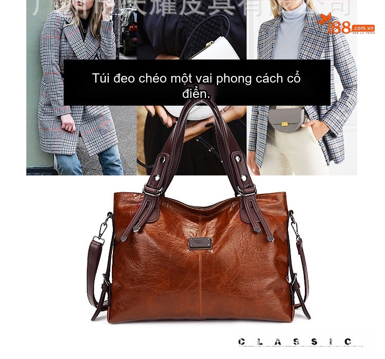 Túi Tote Nữ Da Bóng Retro Thời Trang Đeo Vai, Đeo Chéo, Dung Tích Lớn Màu Nâu, Xanh Dương chi tiết 4