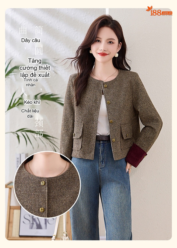 Áo Khoác Lửng Nữ Phong Cách Tiểu Thư Chất Liệu Mao Nỉ Tay Lật Cổ Tròn Màu Xám, Nâu chi tiết 8