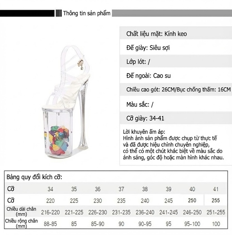 Giày Sandal Cao Gót Nữ Quai Trong Suốt Gót Nhọn Phát Sáng Gót Cao 26cm Màu Trong Suốt chi tiết 1