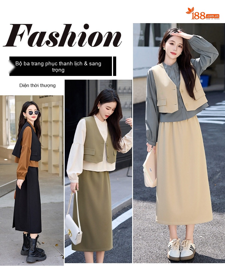 Set Bộ Vest Gile Nữ Áo Dài Tay Chân Váy Midi Thanh Lịch Màu Đen, Be, Xanh Olive chi tiết 3