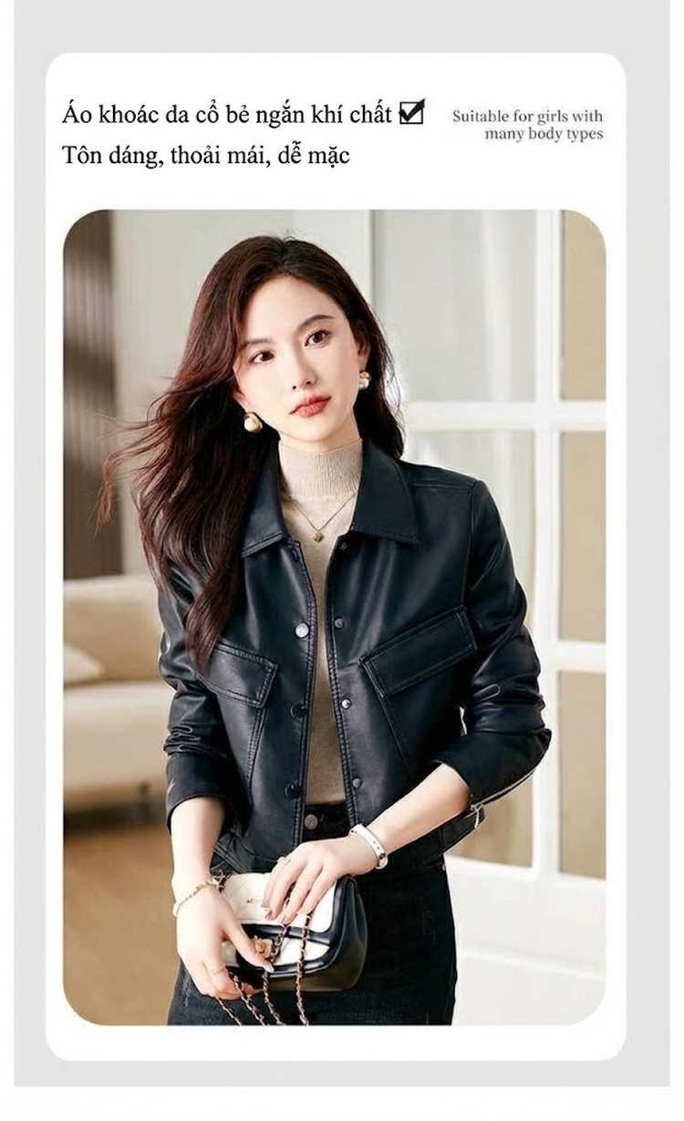 Áo Khoác Da Nữ Da Cừu Dáng Ngắn Thời Trang Thu Đông Màu Đen, Nâu chi tiết 4