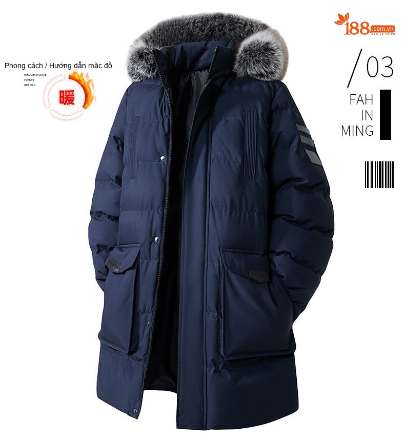 Áo Khoác Cotton Nam Dáng Dài Cỡ Lớn Mũ Trùm Đầu Có Thể Tháo Rời Lót Dày Màu Đen, Xanh Navy, Xanh Rêu chi tiết 2