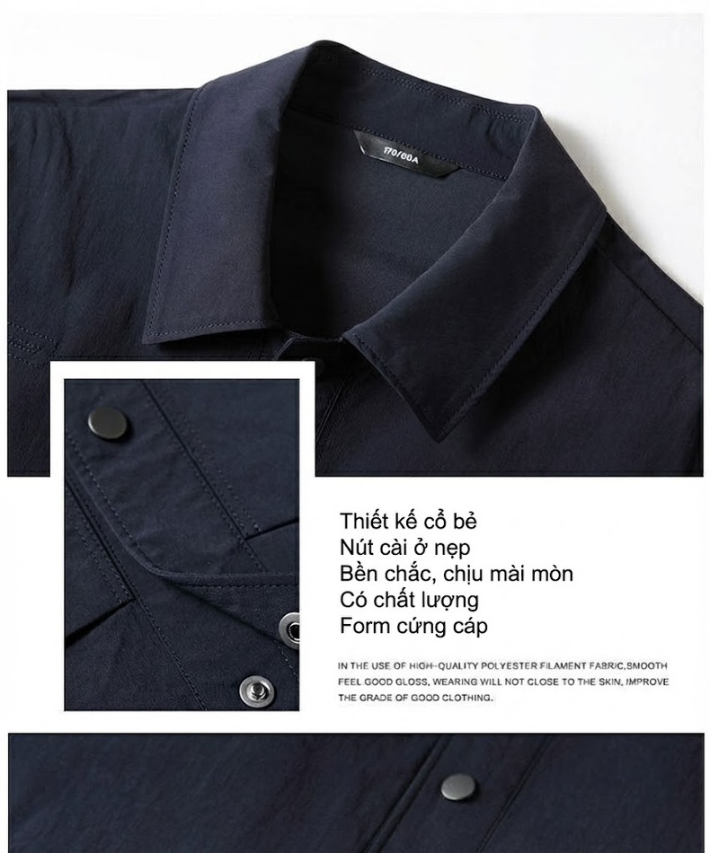 Áo Khoác Nam Cổ Bẻ Dáng Áo Sơ Mi Mỏng Nhẹ Màu Xanh Navy, Xám, Ghi chi tiết 6