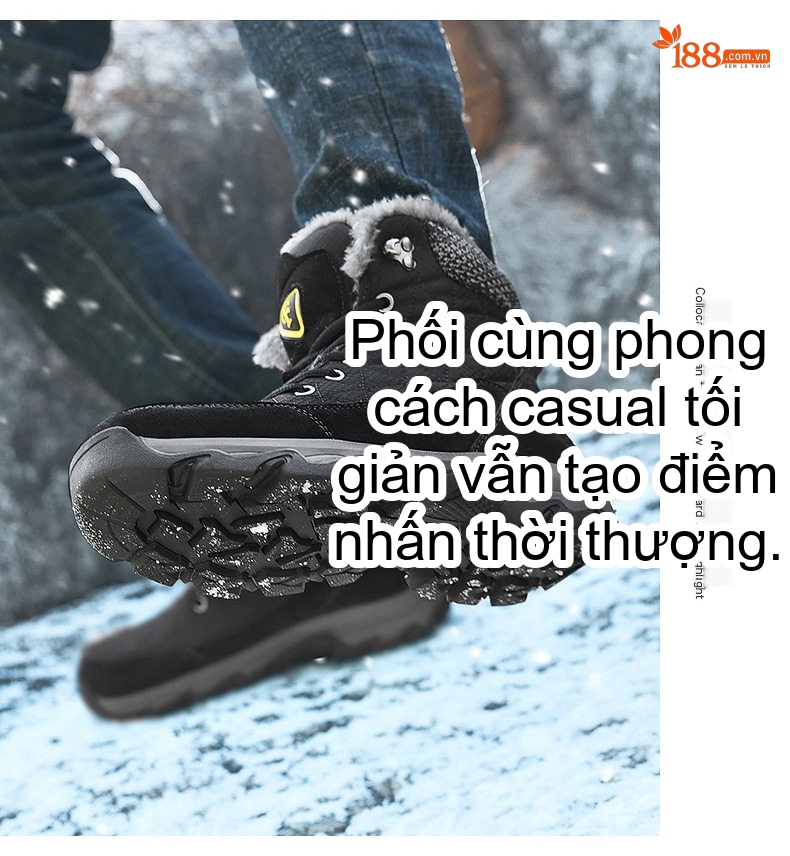 Giày Boot Nam Cổ Cao Lót Lông Đi Tuyết Chống Trượt Chiều Cao Đế Khoảng 4cm Màu Đen, Xám chi tiết 24