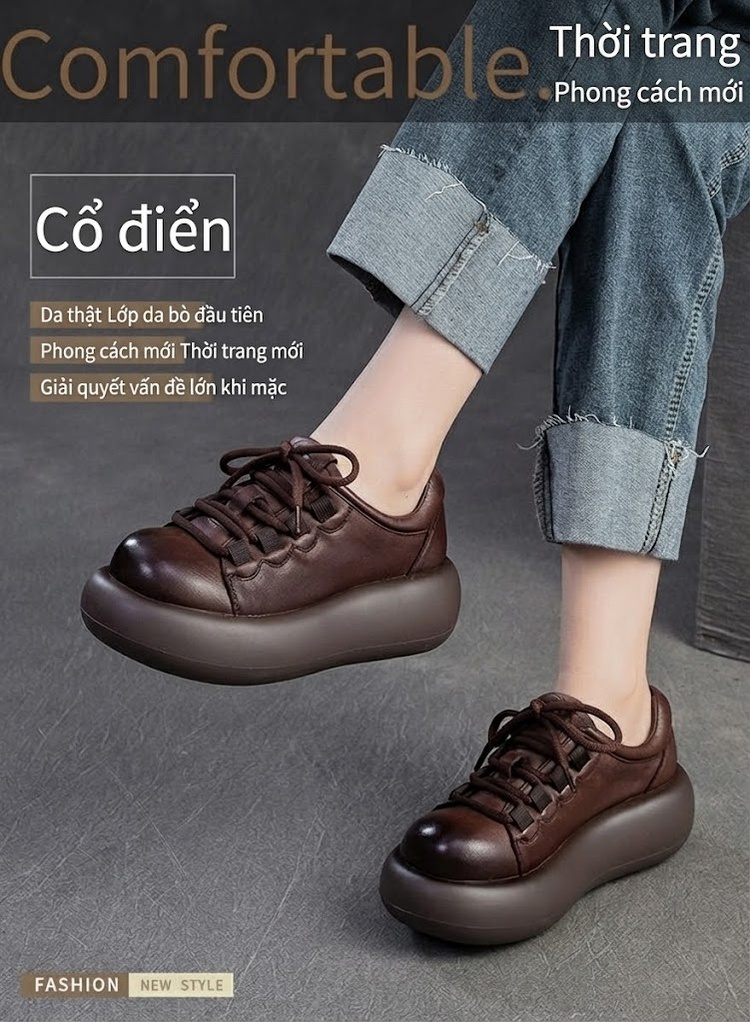 Giày Thể Thao Nữ Da Bóng Đế Bằng Chiều Cao Đế Khoảng 5cm Màu Đen, Nâu chi tiết 1