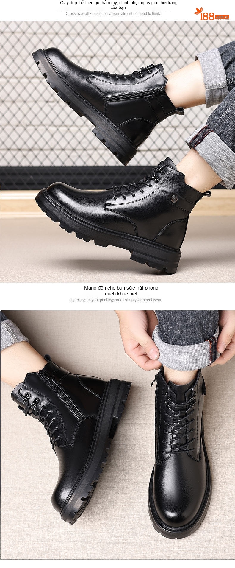 Boot Martin Nam Da Bò Lót Lông Cừu Chiều Cao Đế Khoảng 4cm Màu Đen chi tiết 12