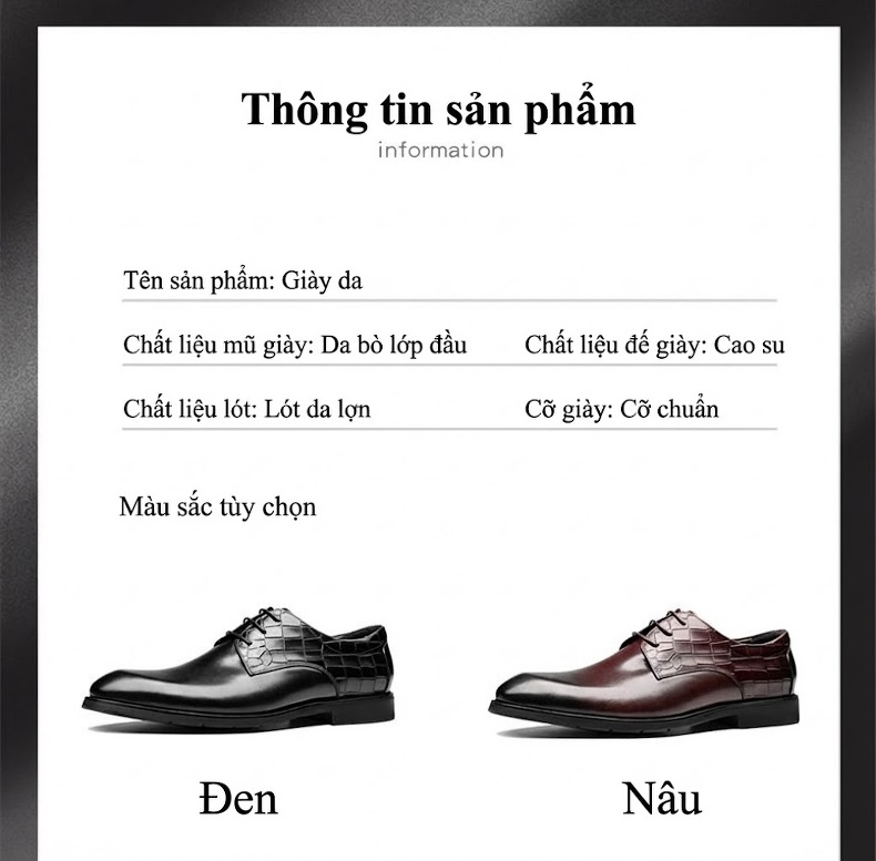 Giày Tây Buộc Dây Nam Da Bò Thoáng Khí Chiều Cao Đế Khoảng 3cm Màu Đen, Nâu chi tiết 5