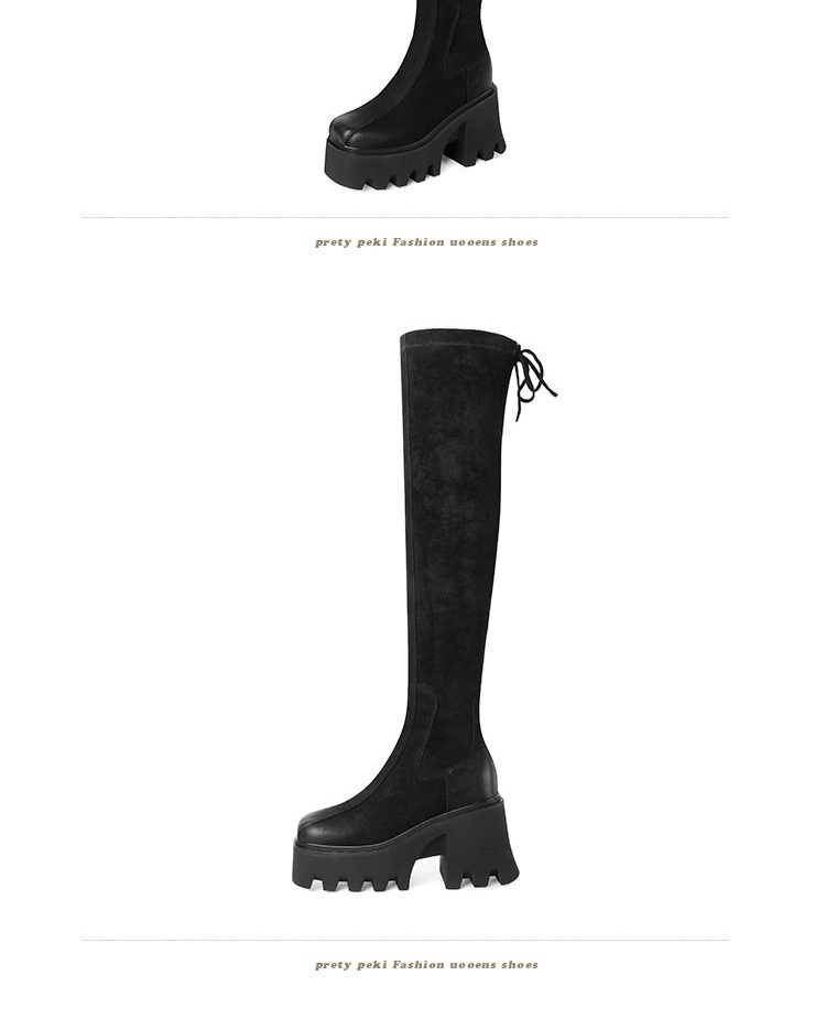 Boot Nữ Cao Cổ Qua Gối Da Bóng Đế Cao 10cm Mũi Vuông Tôn Dáng Phong Cách Thu Đông Màu Đen chi tiết 14