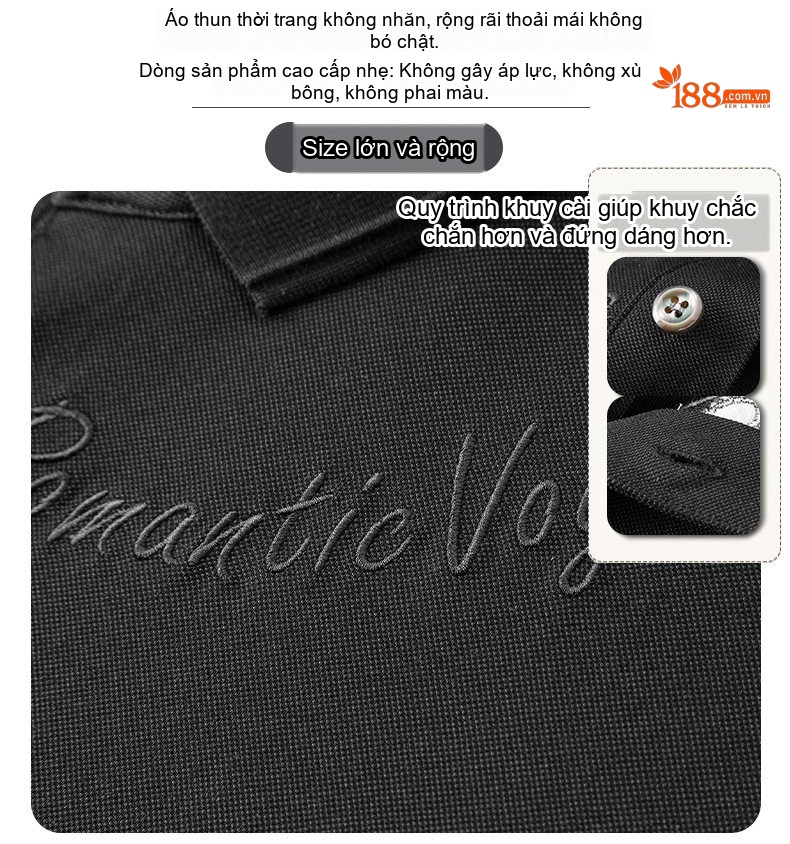 Áo Thun Polo Nam Cỡ Lớn Cotton Pima Tay Ngắn Mùa Hè Màu Đen, Nâu chi tiết 6