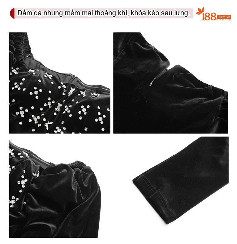 Váy Đầm Nữ Tiểu Thư Cổ chữ Vuông Tay Dài Đính Đá Phong Cách Hepburn Màu Đen chi tiết 4