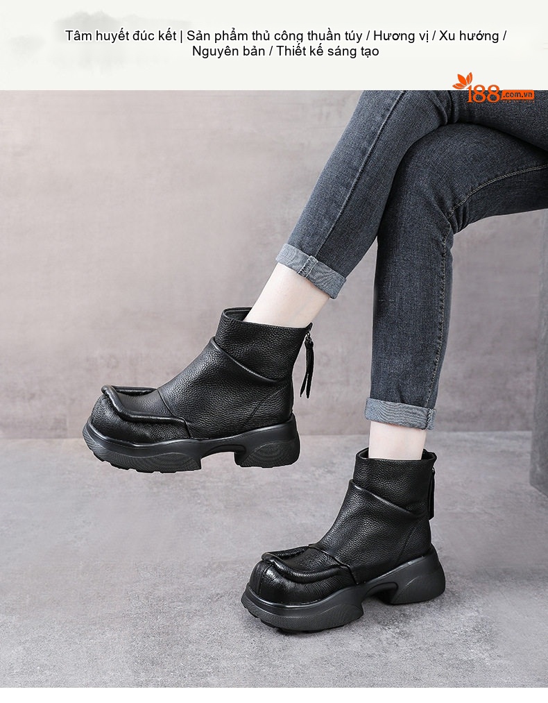 Boot Nữ Da Bò Cổ Ngắn Đế Bánh Mì Chiều Cao Đế Khoảng 5cm Khoá Kéo Sau Màu Đen, Nâu chi tiết 1