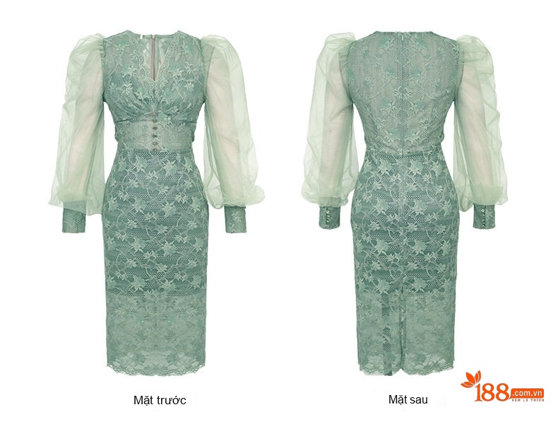 Váy Ren Nữ Cổ chữ V Tay Bồng Ôm Dáng Thanh Lịch Màu Xanh Bạc Hà, Tím chi tiết 7
